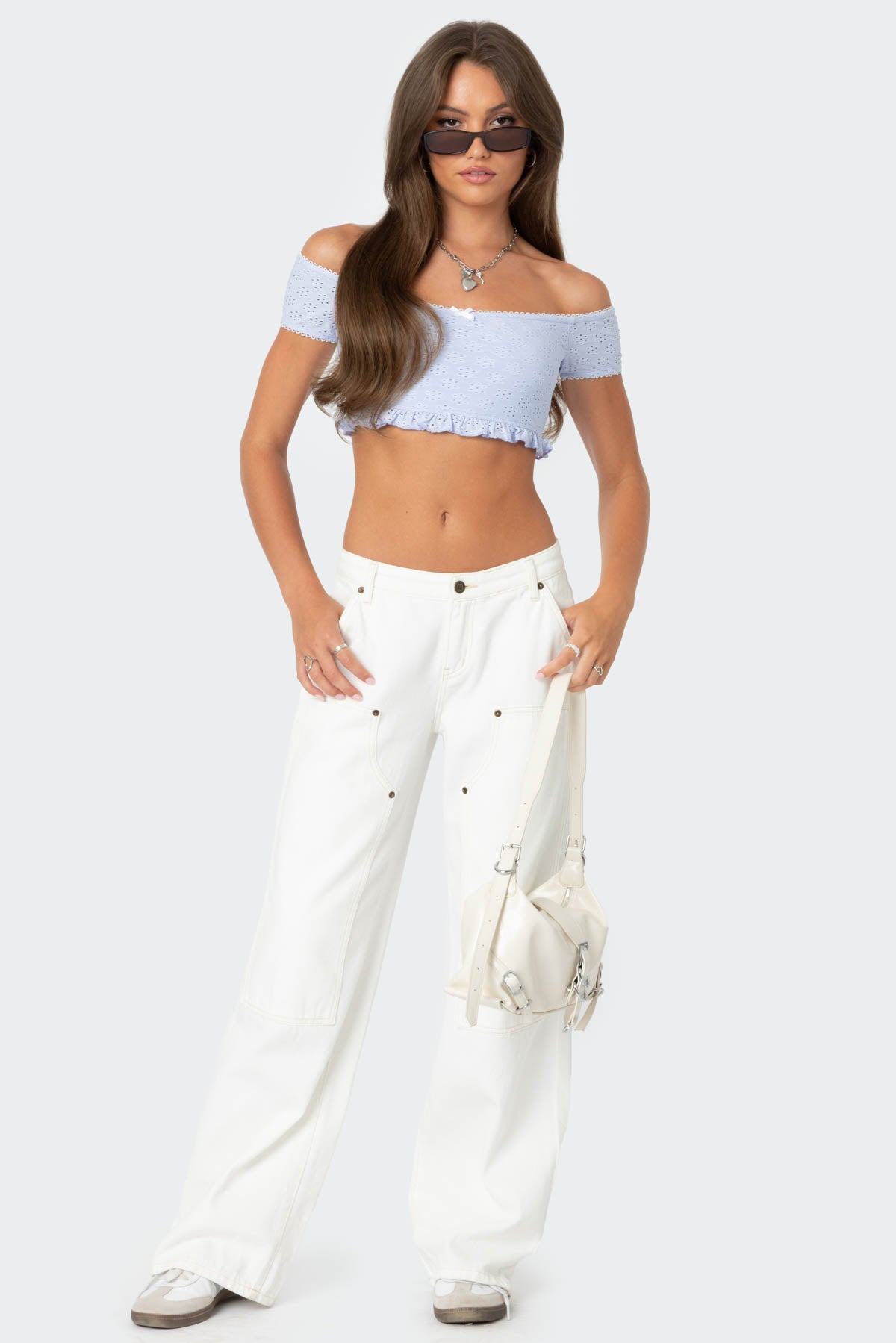 Off Shoulder Eyelet Crop Top - Image 4