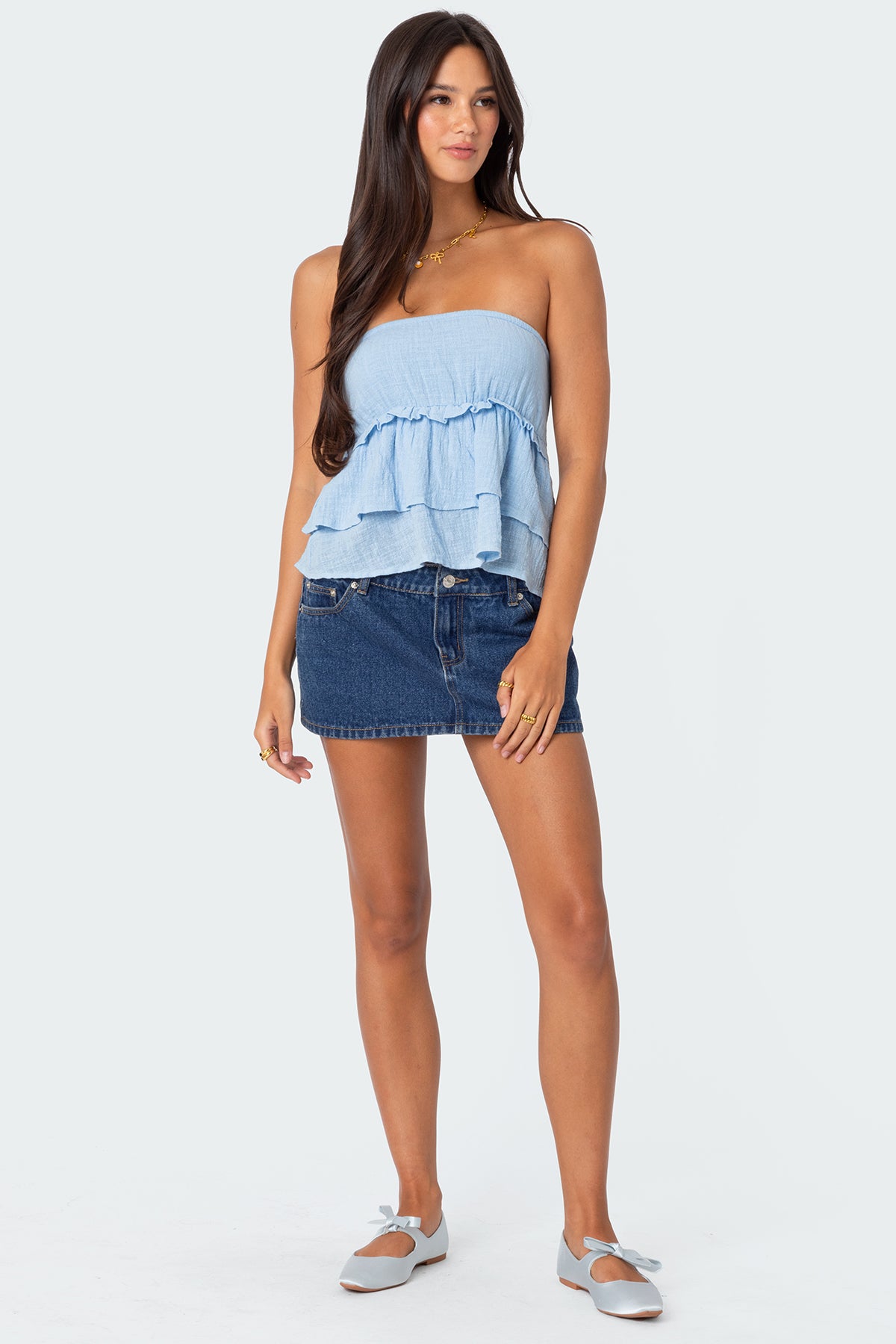 Linen Look Strapless Peplum Top - Image 5