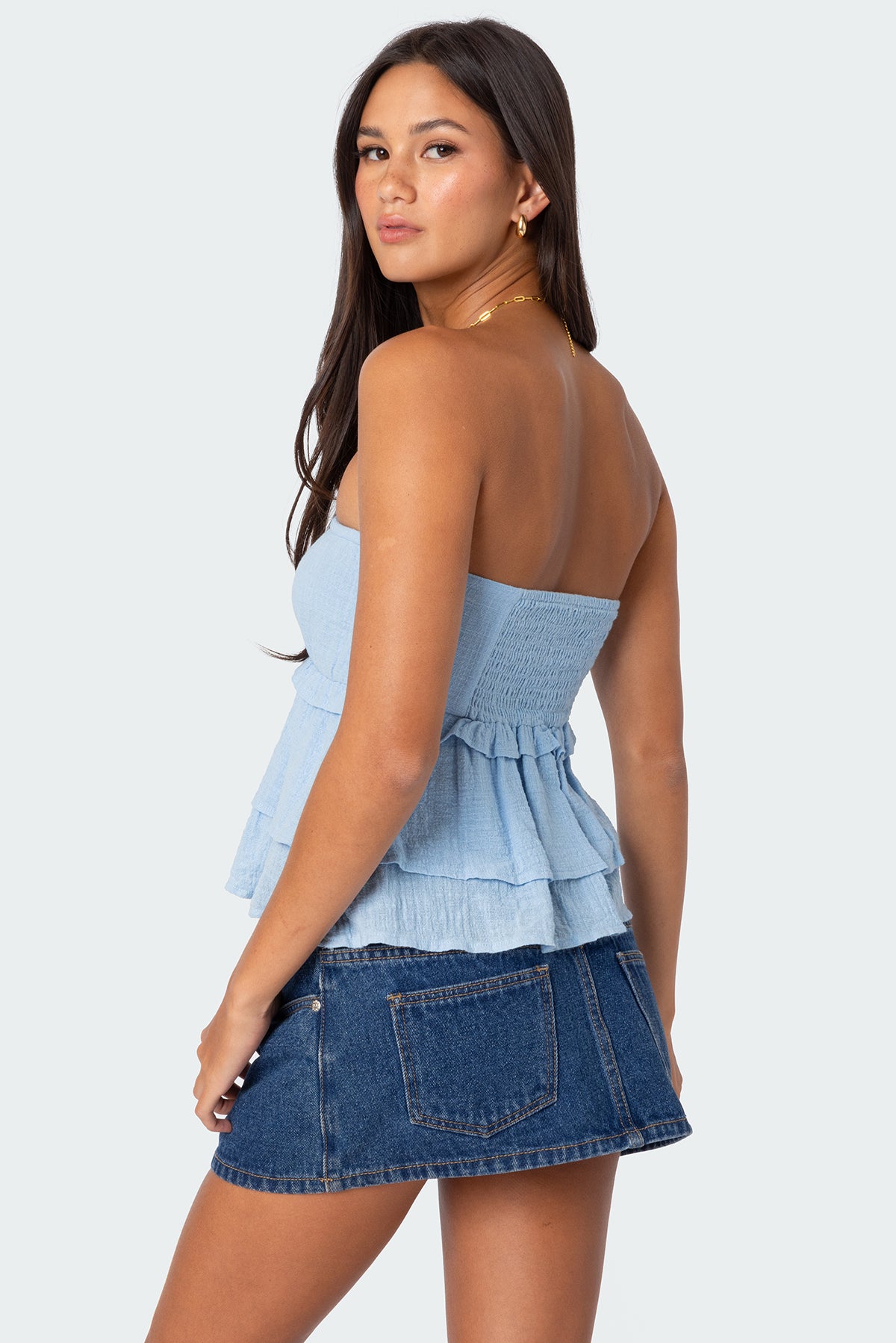 Linen Look Strapless Peplum Top - Image 4