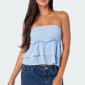 Linen Look Strapless Peplum Top