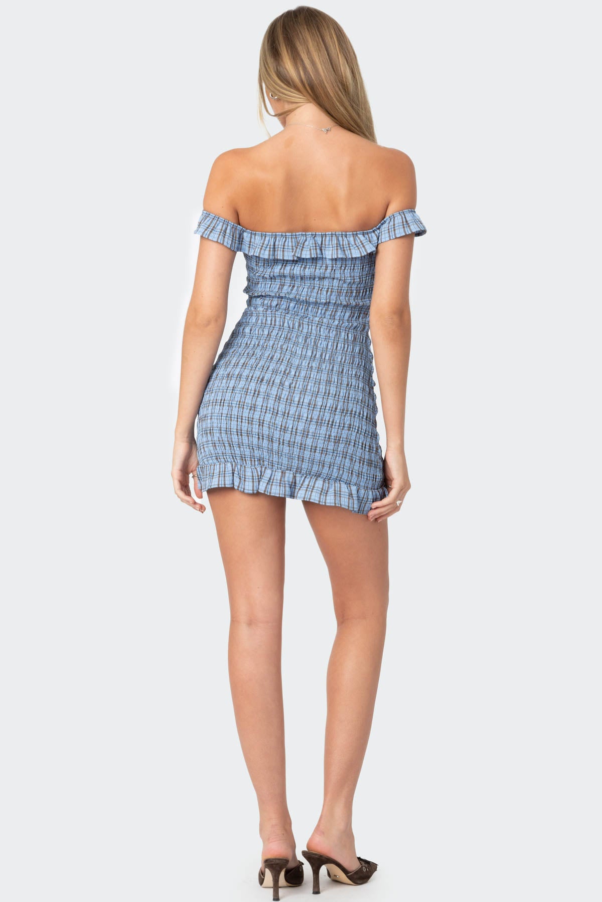 Off Shoulder Scrunched Plaid Mini Dress - Image 4