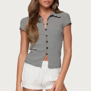 Beau Striped Ribbed Button Up Top