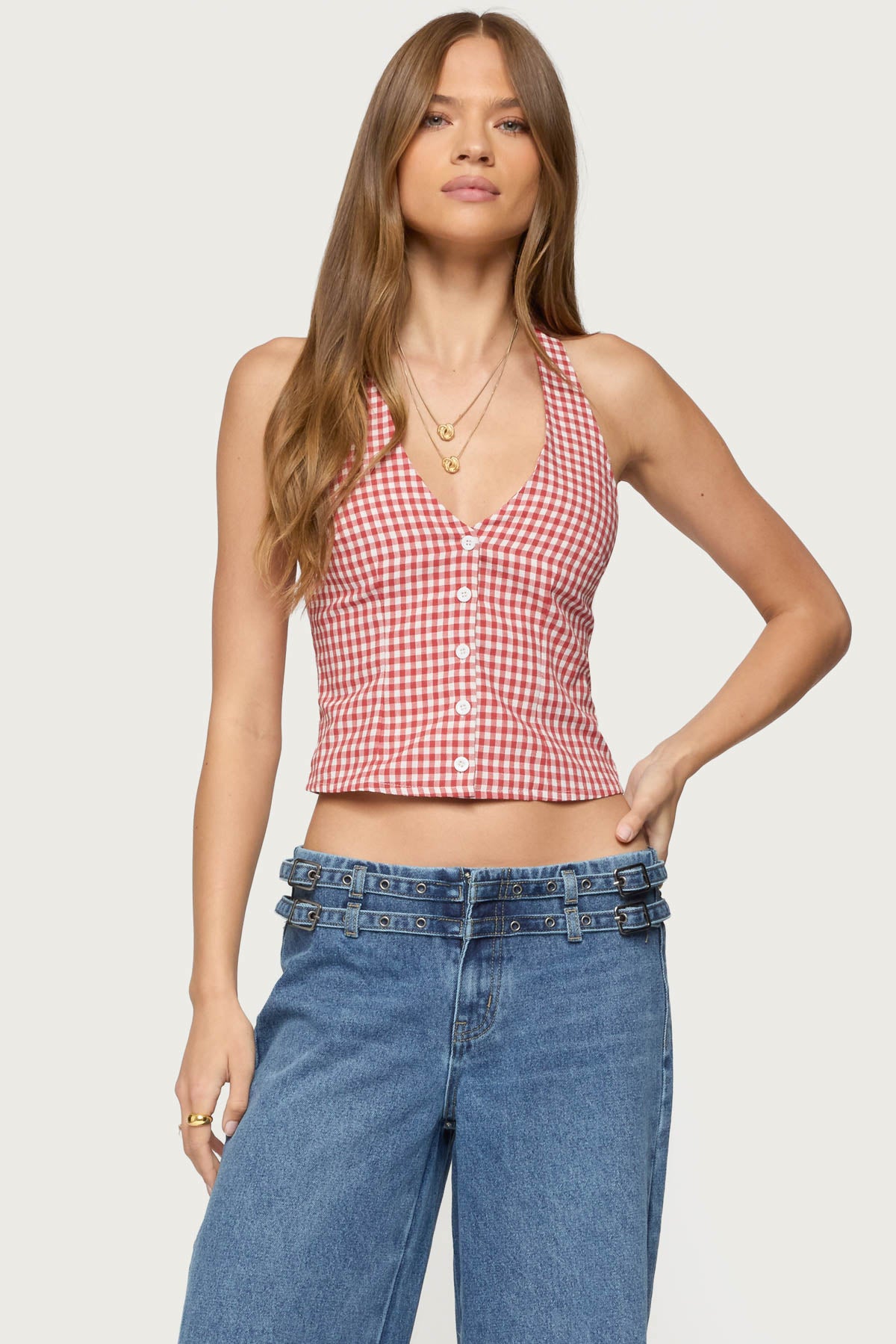 Evan Gingham Button Up Halter Top - Image 4