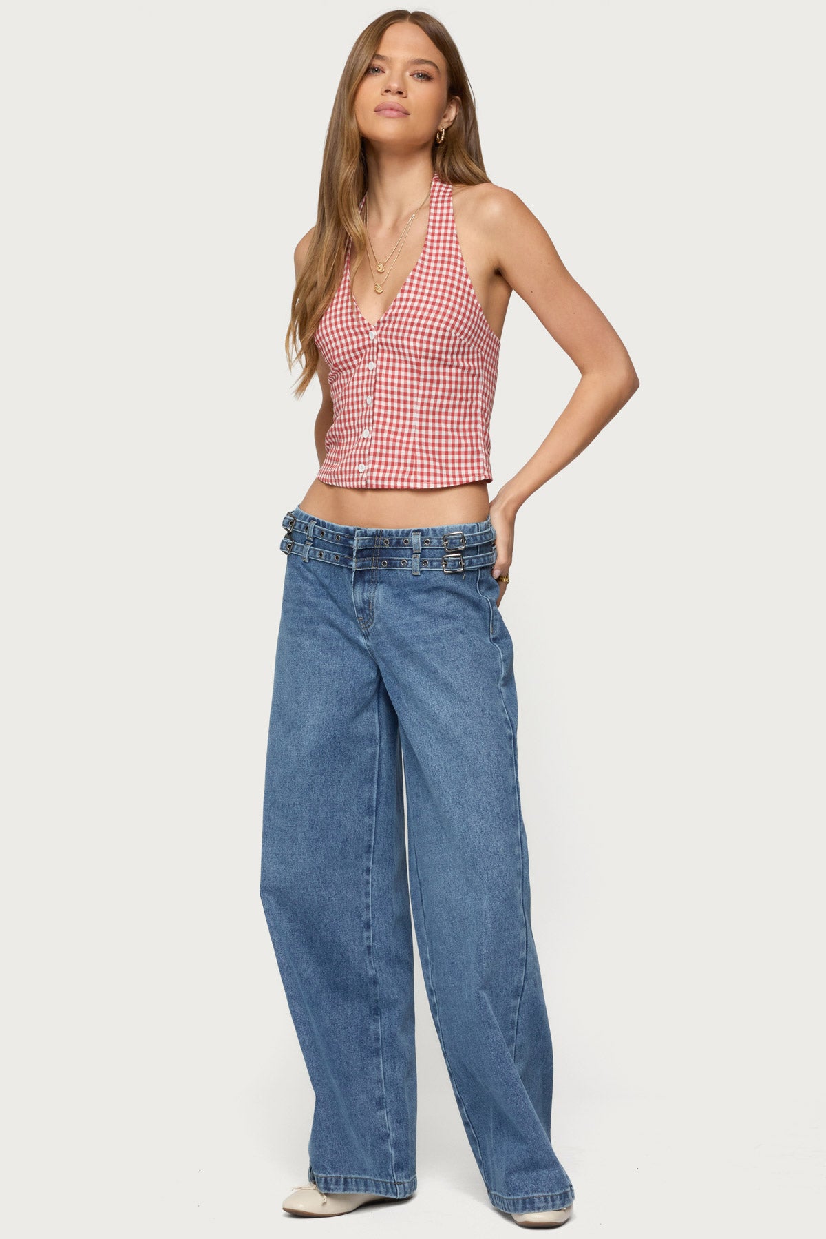Evan Gingham Button Up Halter Top - Image 5