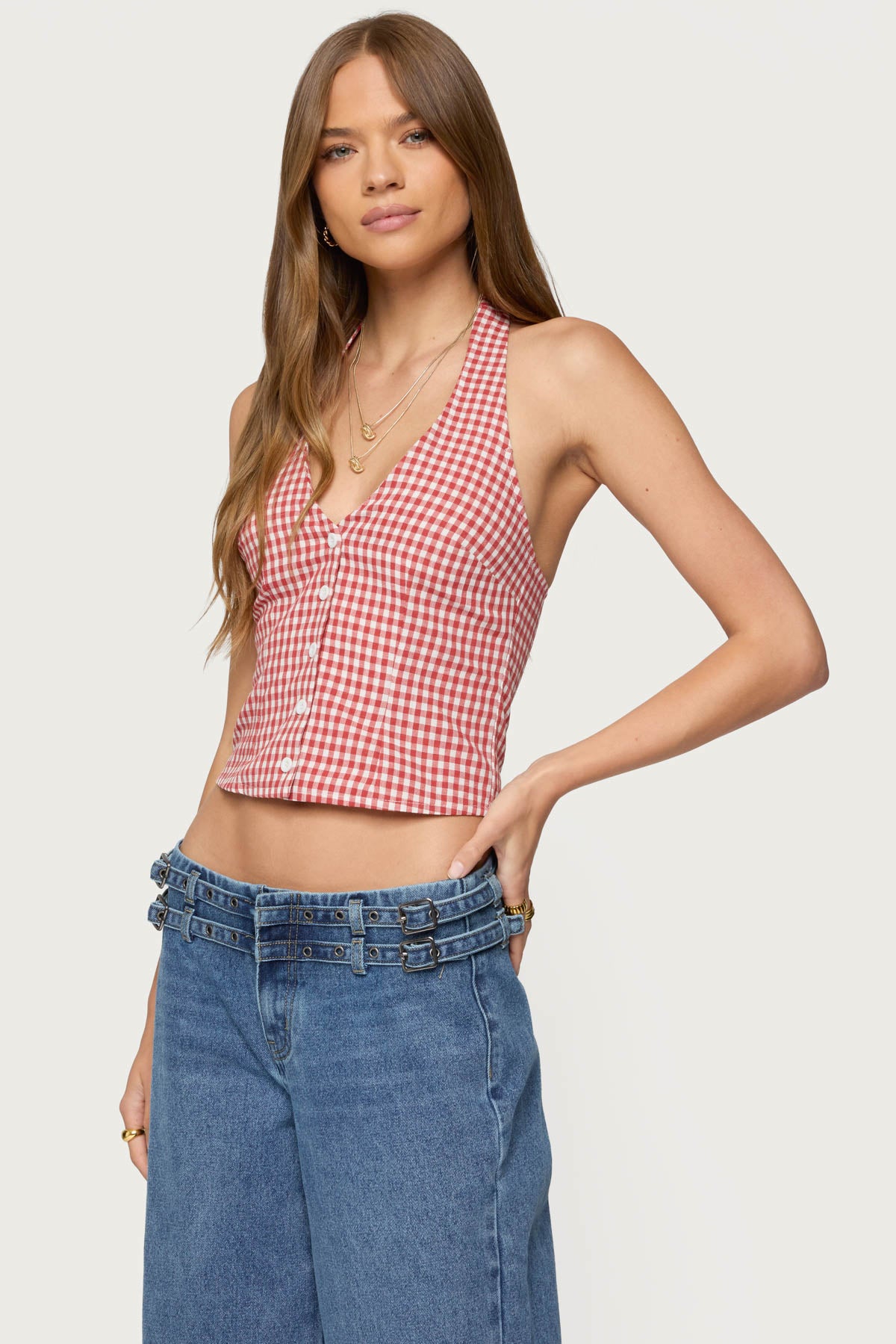 Evan Gingham Button Up Halter Top - Image 2