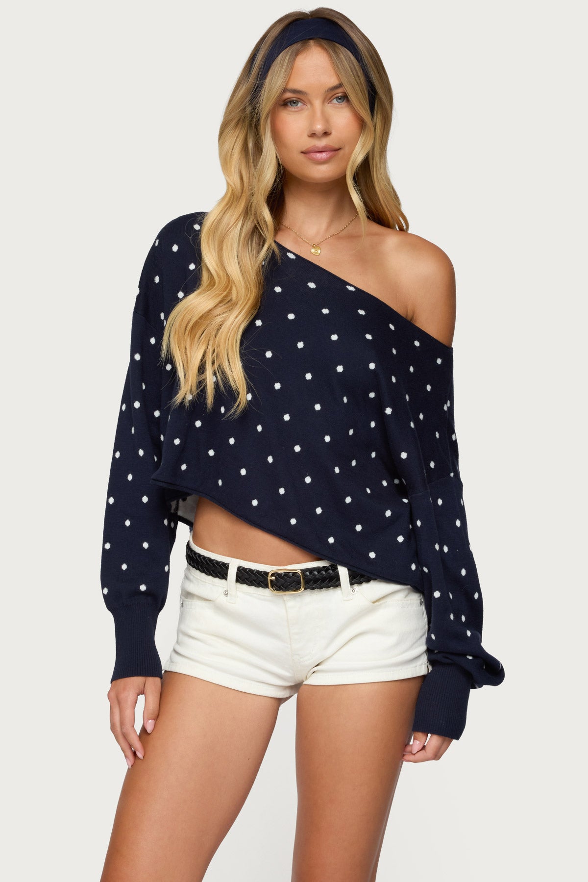 Oversized Off Shoulder Polka Dot Sweater - Image 2