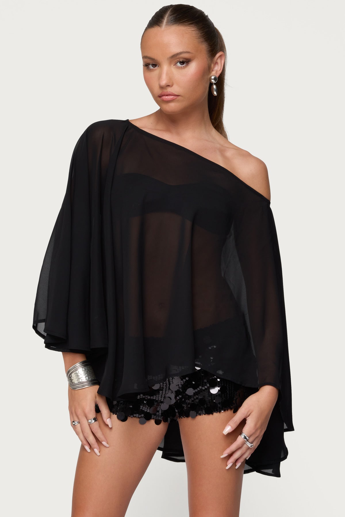 Sheer Chiffon Asymmetric Poncho - Image 3