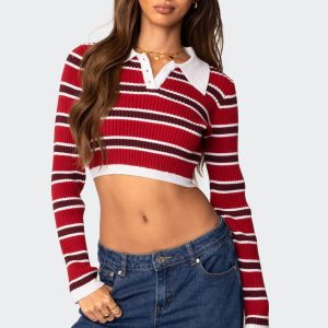 Collared Stripey Ribbed Crop Top