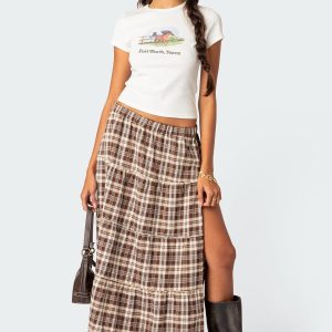 Plaid Side Slit Tiered Maxi Skirt