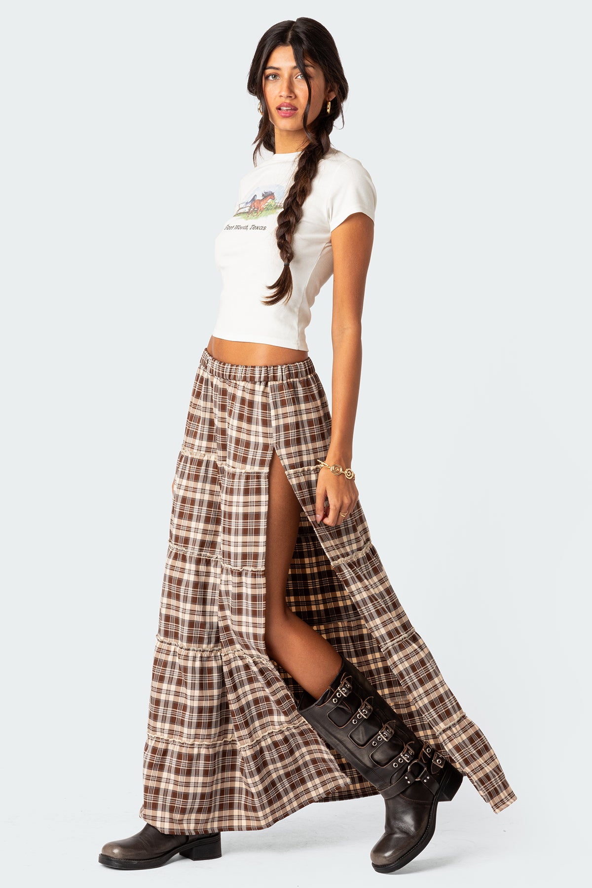 Plaid Side Slit Tiered Maxi Skirt - Image 5