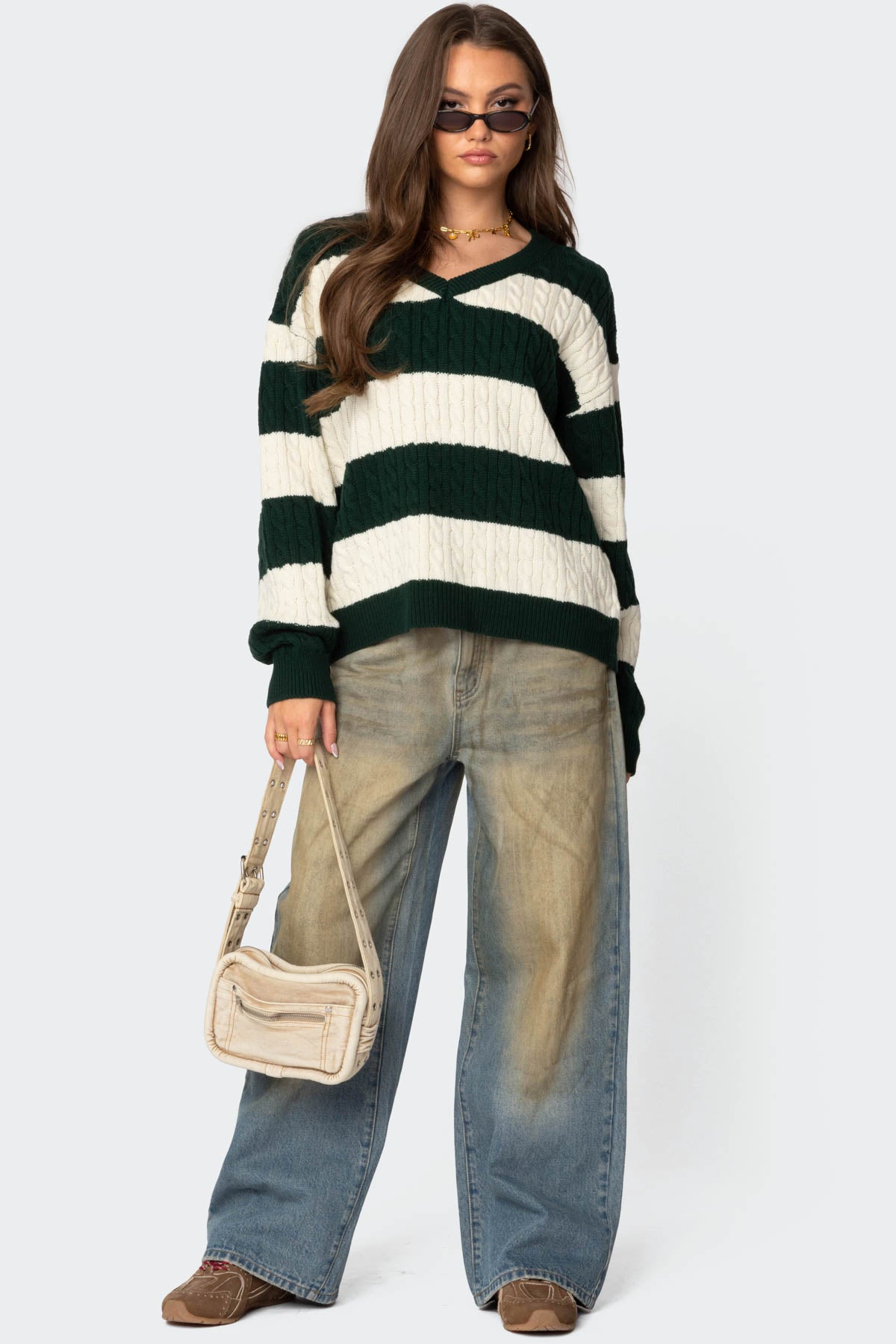 Oversized Striped Cable Knit Sweater - Image 5