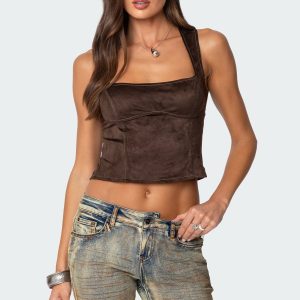 Tie Back Faux Suede Bustier Top