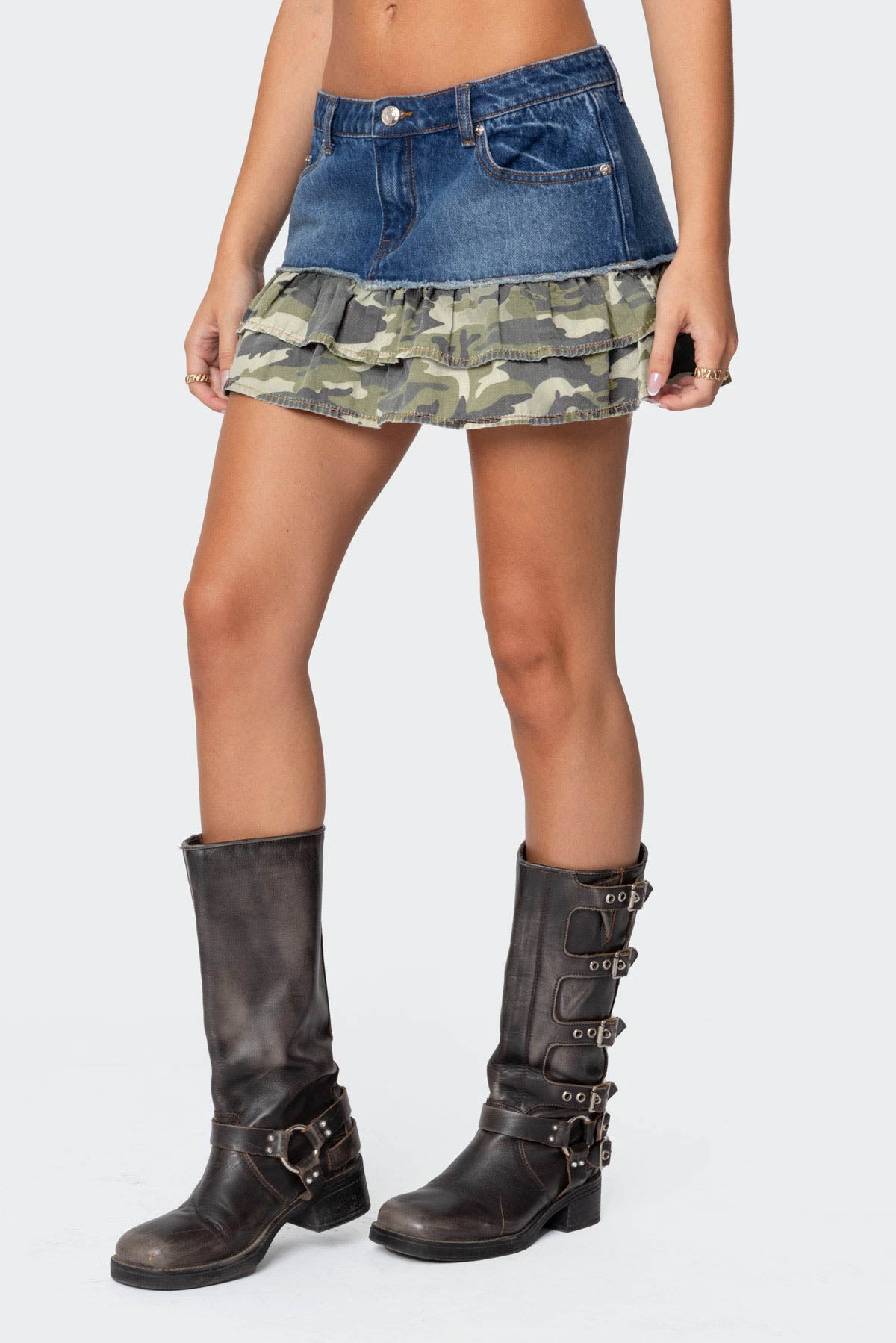 Camo Ruffle Denim Mini Skirt - Image 4