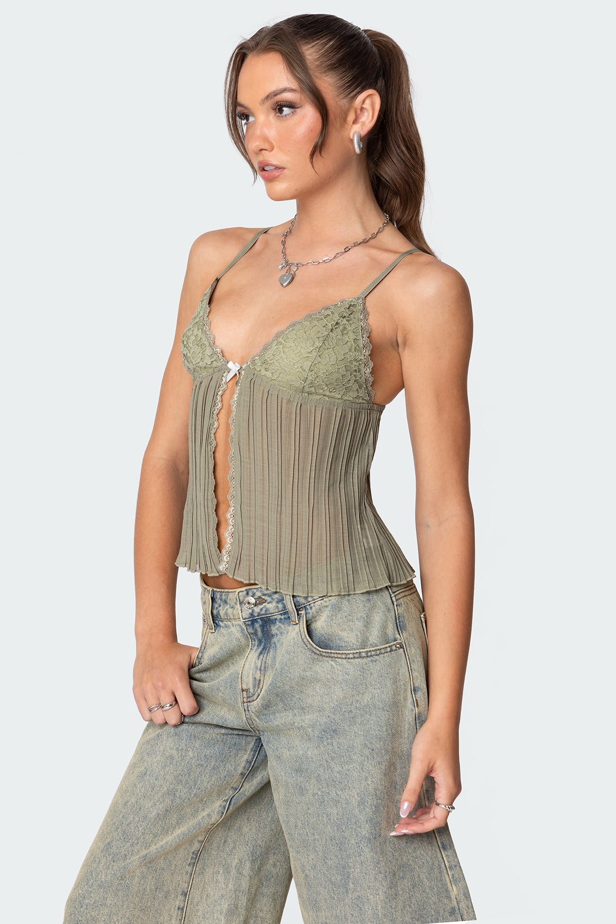 Pleated Lacey Split Front Tank Top - Image 3