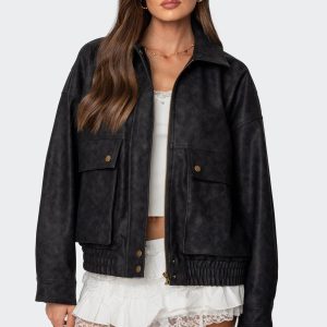 Cargo Faux Leather Bomber Jacket