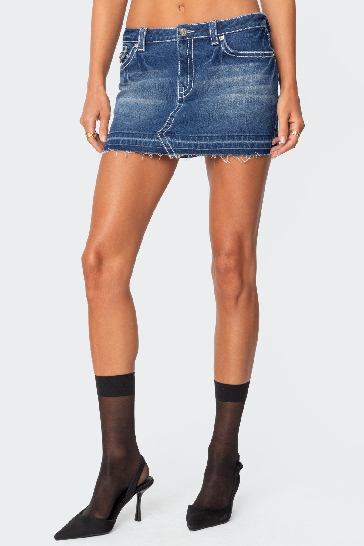 Contrast Stitch Washed Denim Mini Skirt - Image 2