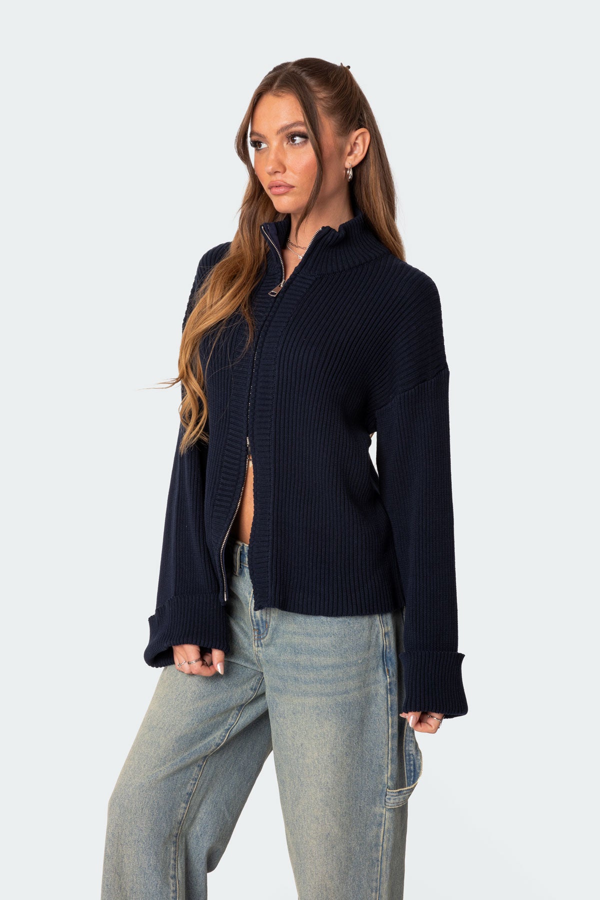 Oversized Zip Up Turtle Neck Cardigan - Image 3