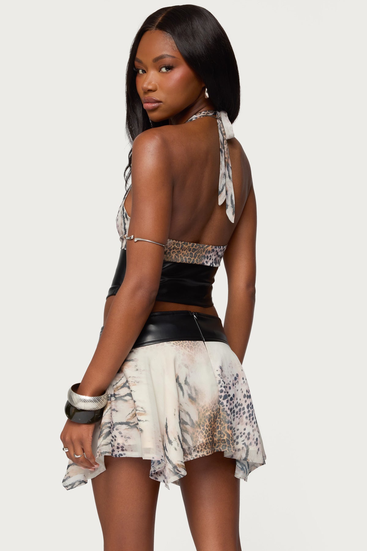 Letta Printed Chiffon Faux Leather Top - Image 6