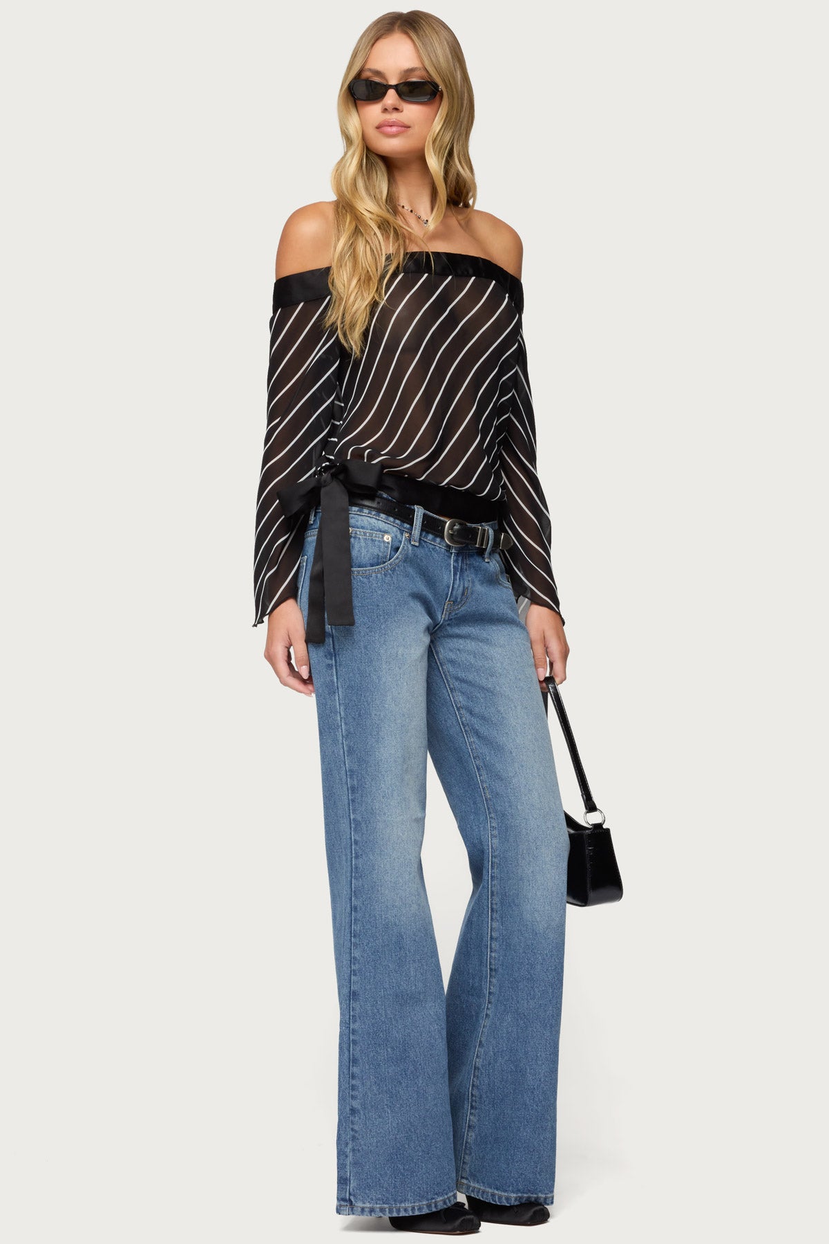 Diagonal Striped Off Shoulder Chiffon Top - Image 5