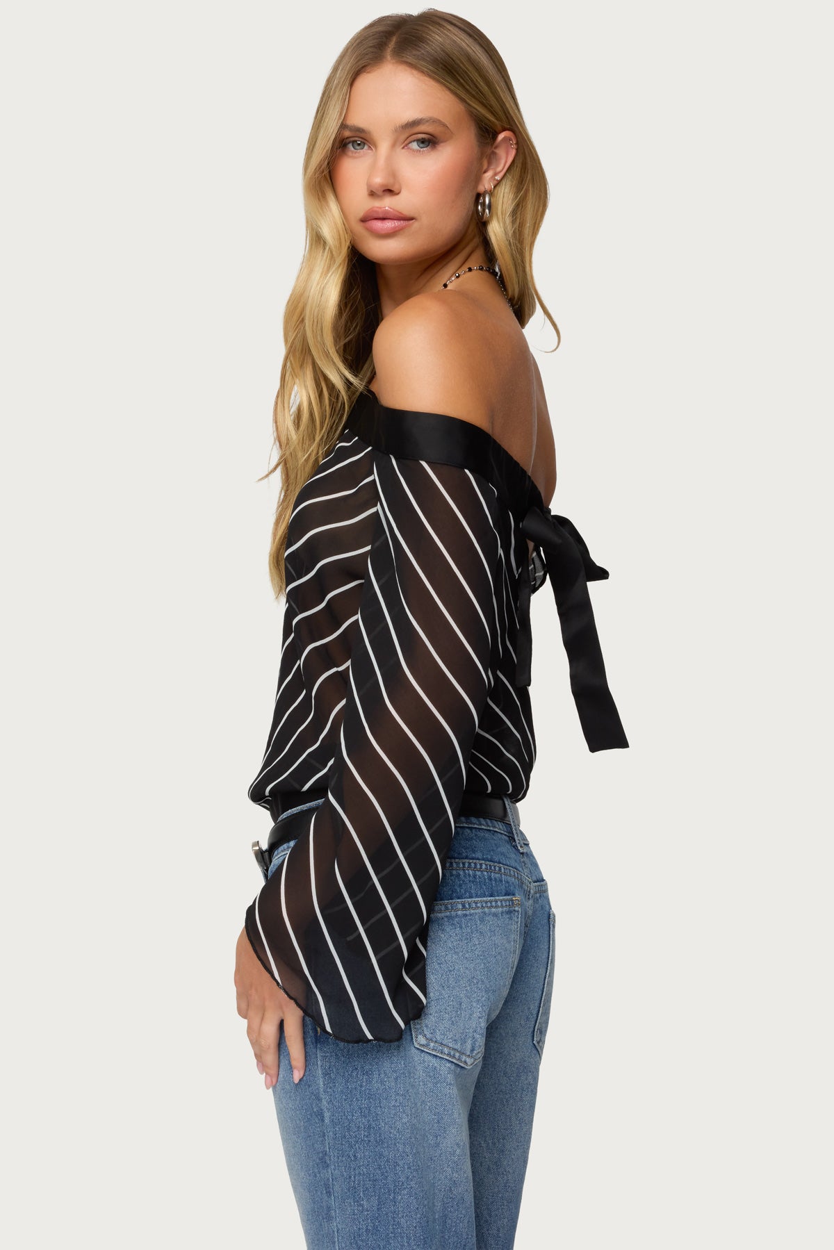Diagonal Striped Off Shoulder Chiffon Top - Image 4