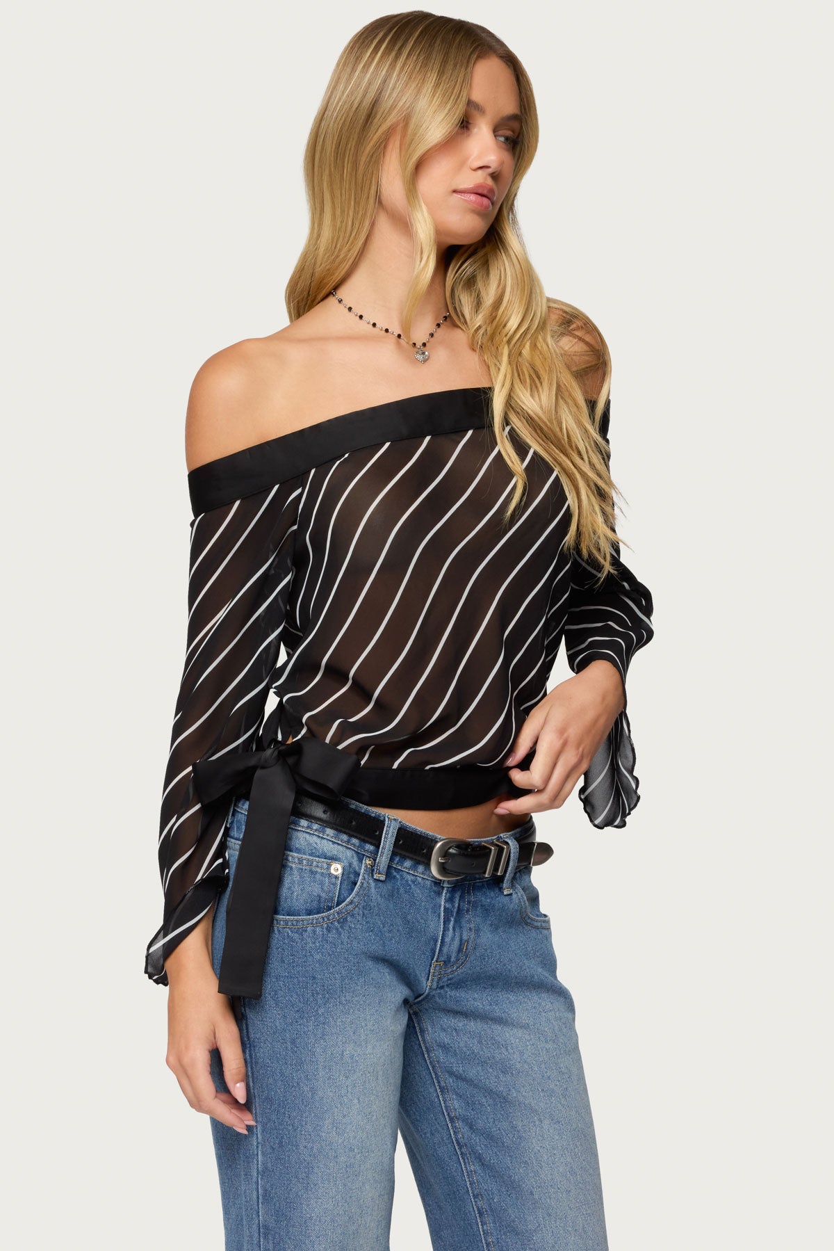 Diagonal Striped Off Shoulder Chiffon Top - Image 3