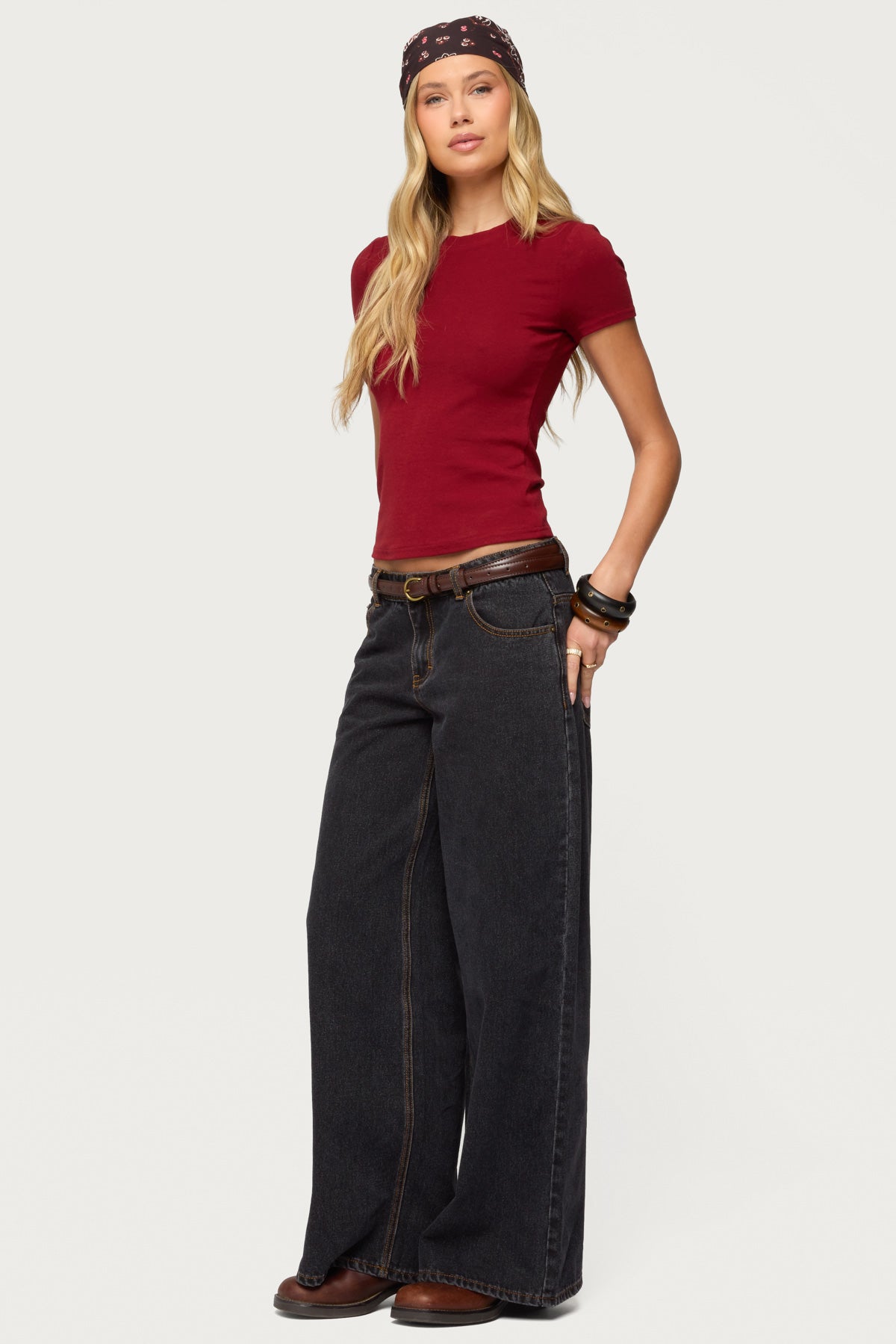 Contrast Stitch Low Rise Wide Leg Jeans - Image 3