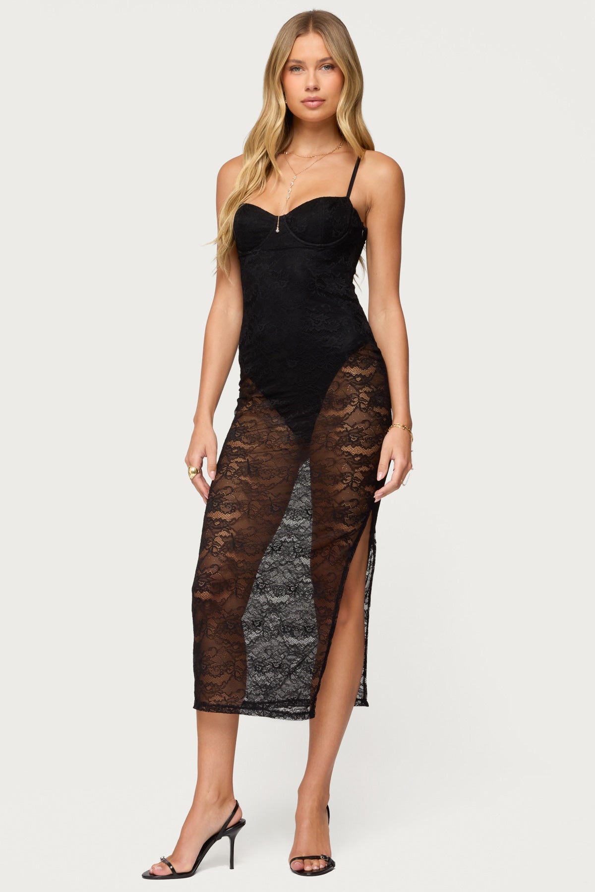 Sheer Lace Built In Bodysuit Midi Dress - Image 3