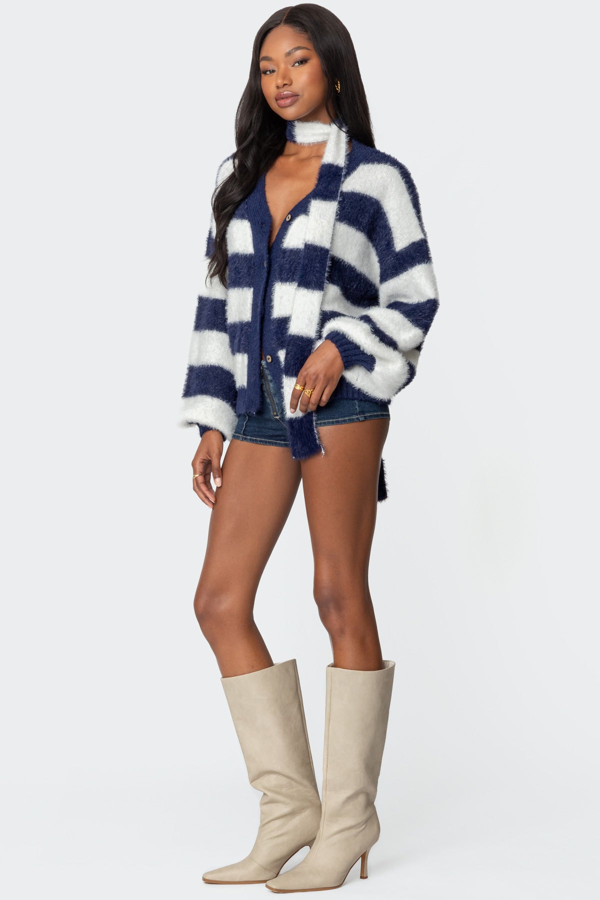 Striped Two Piece Knit Scarf Cardigan - Image 4