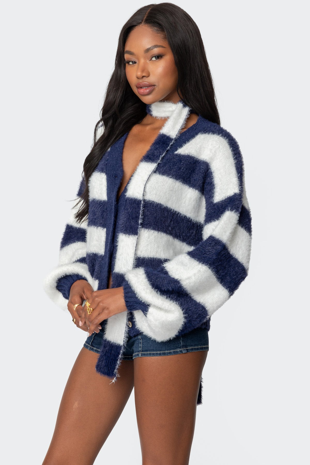 Striped Two Piece Knit Scarf Cardigan - Image 3
