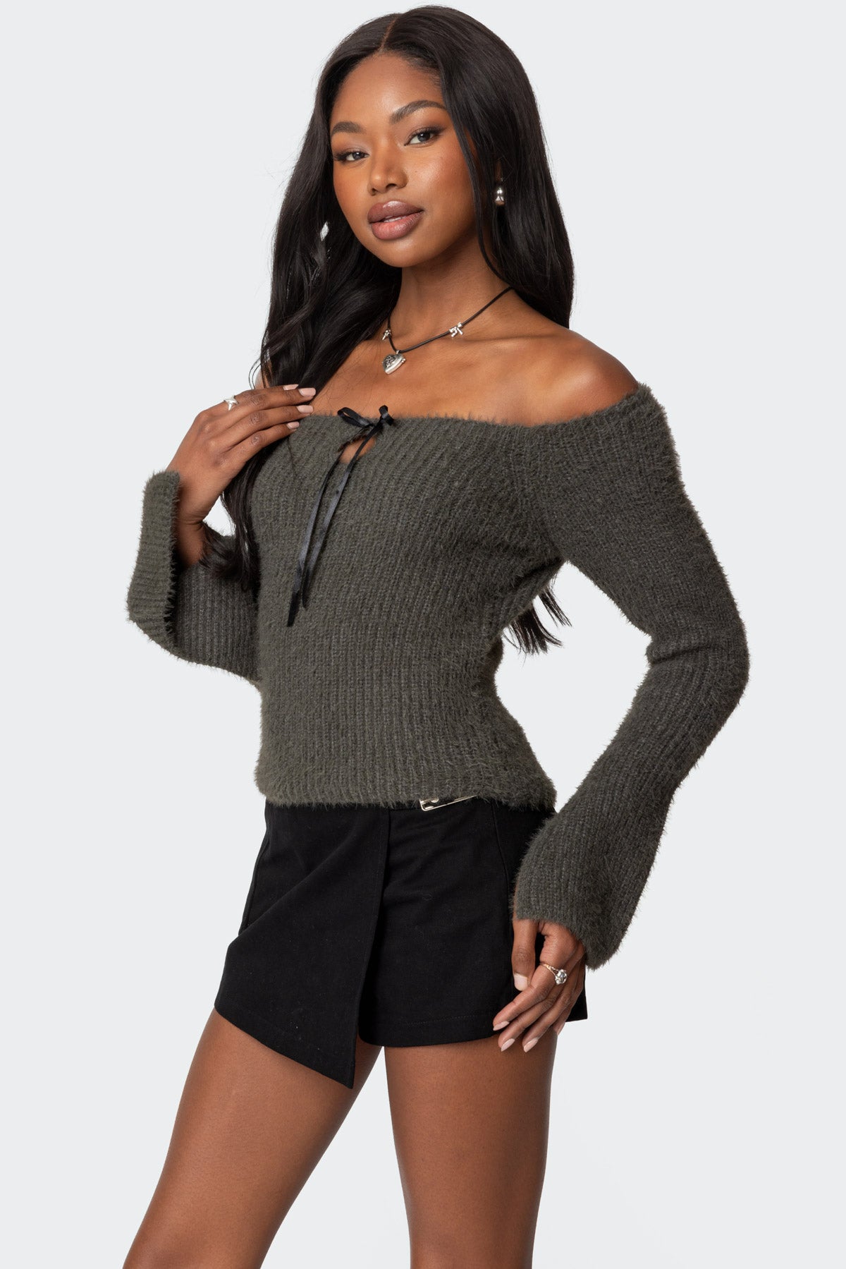 Keyhole Off Shoulder Ribbed Knit Top - Image 3