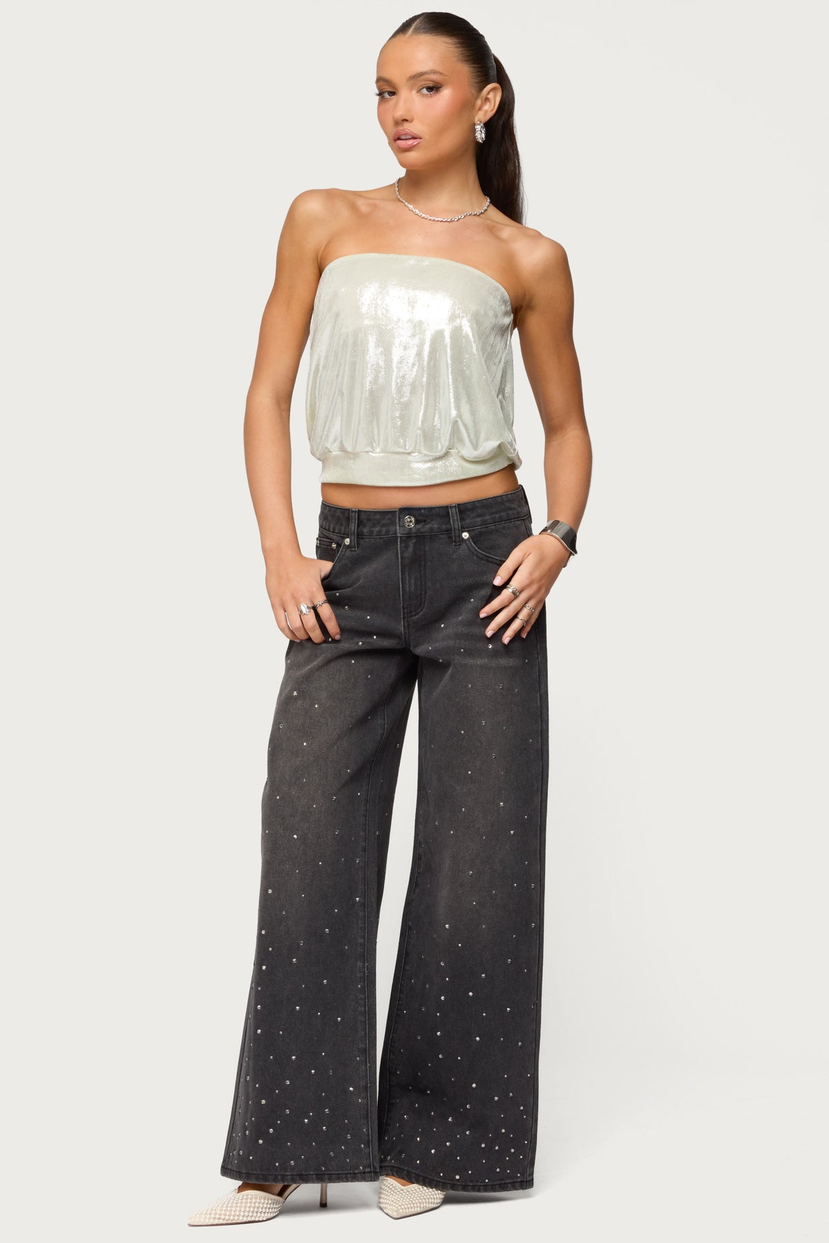 Rhinestone Low Rise Washed Jeans - Image 5