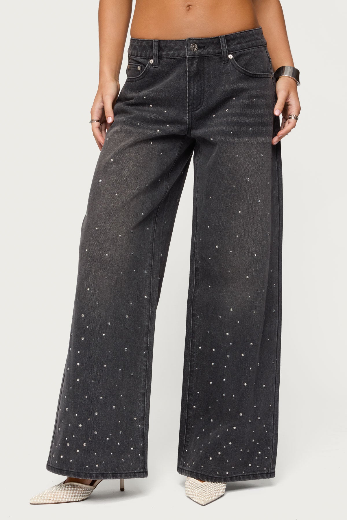 Rhinestone Low Rise Washed Jeans - Image 2
