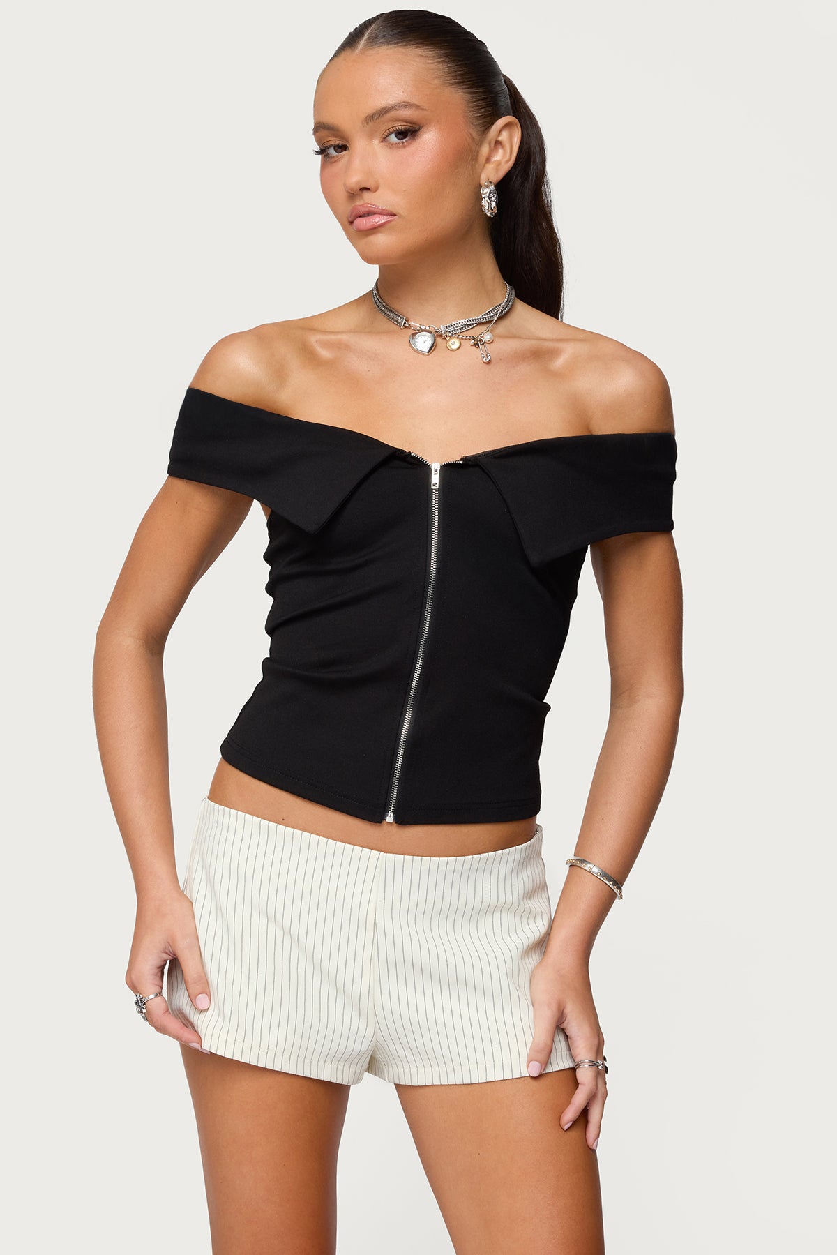 Collared Off Shoulder Zip?Up?Top