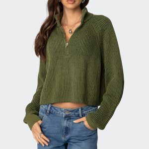 Cropped Rib Knit Half Zip Sweater