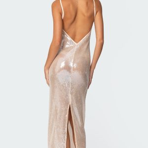 Sheer Sequin Slitted Maxi Dress