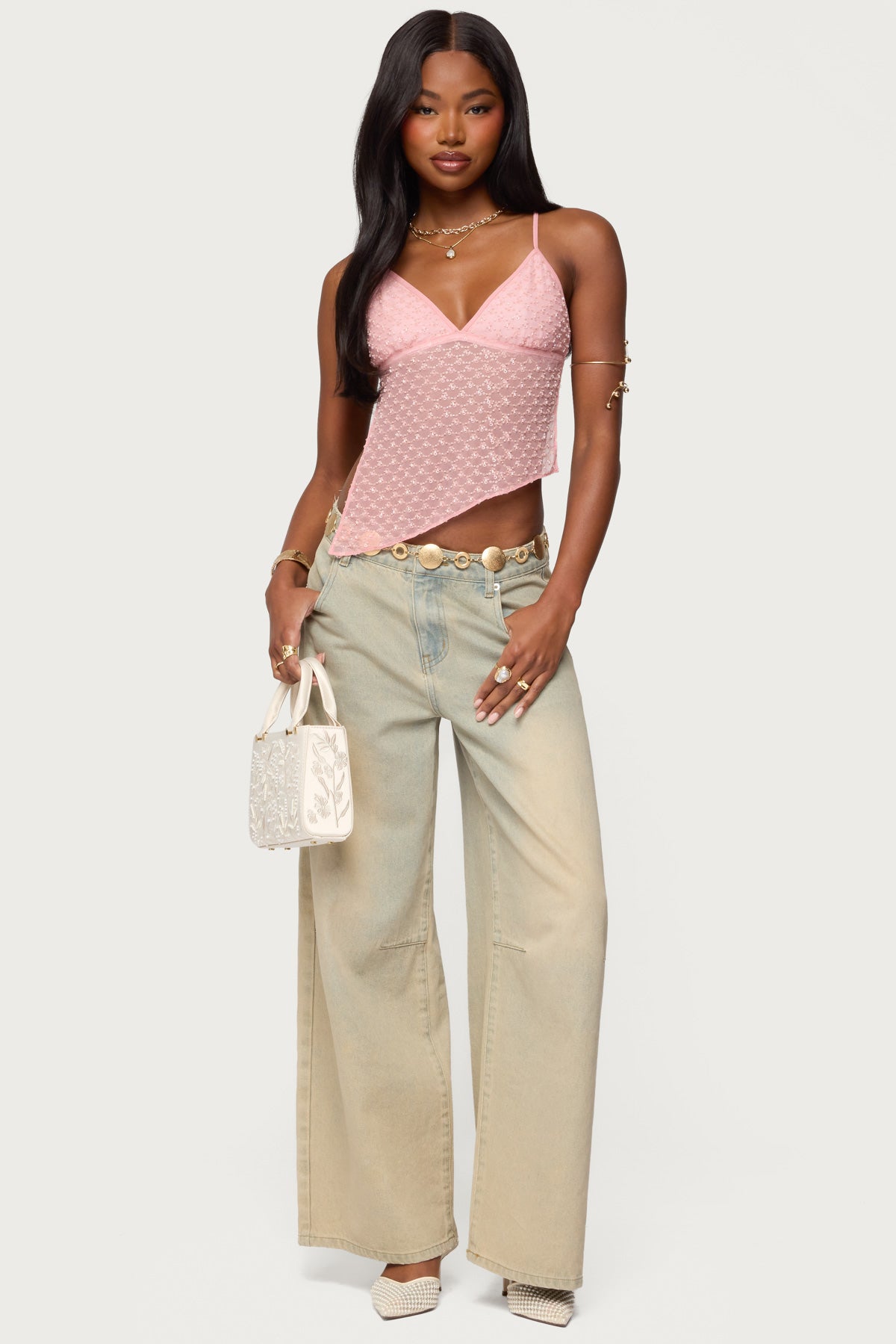 Beaded Mesh Asymmetric Backless Top - Image 5