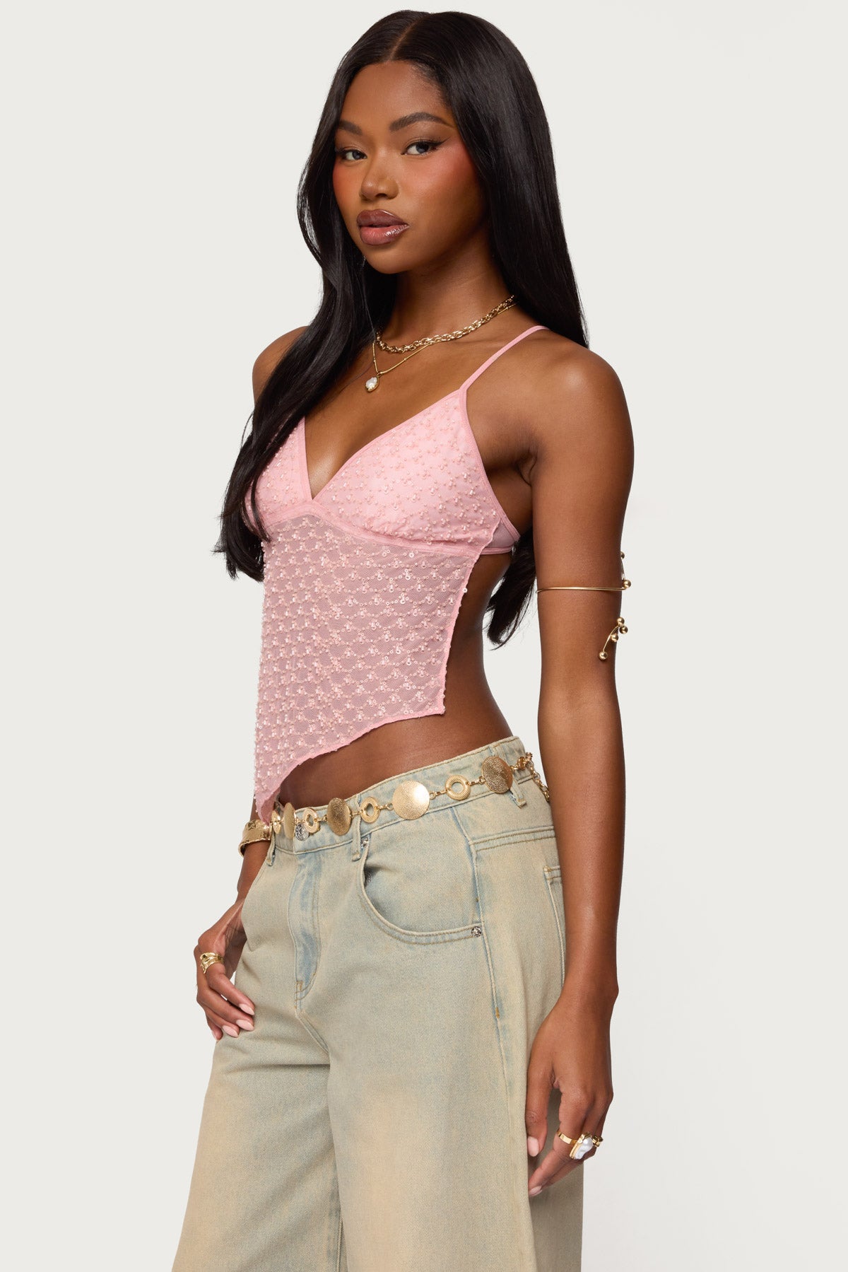 Beaded Mesh Asymmetric Backless Top - Image 3