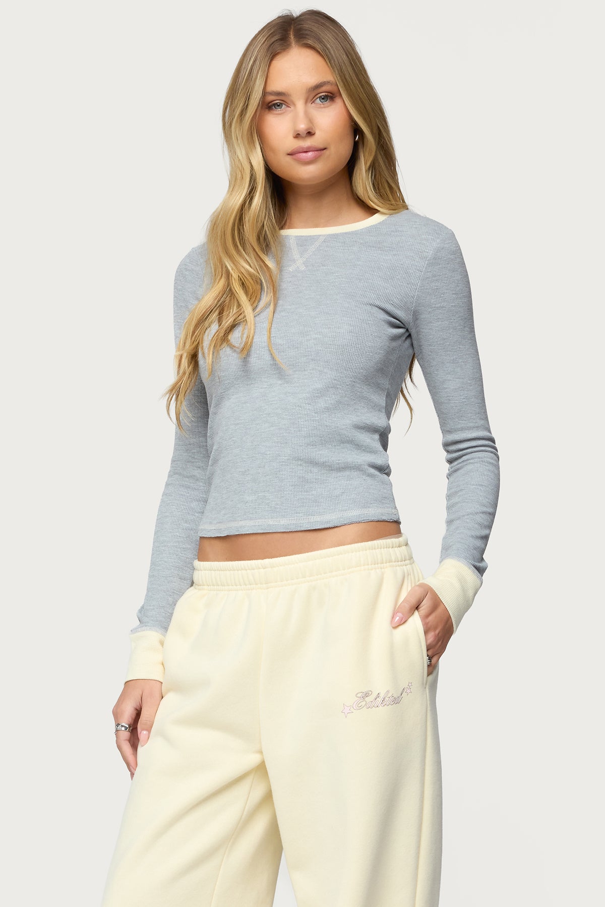 Rora Contrast Long Sleeve Waffle Top - Image 3