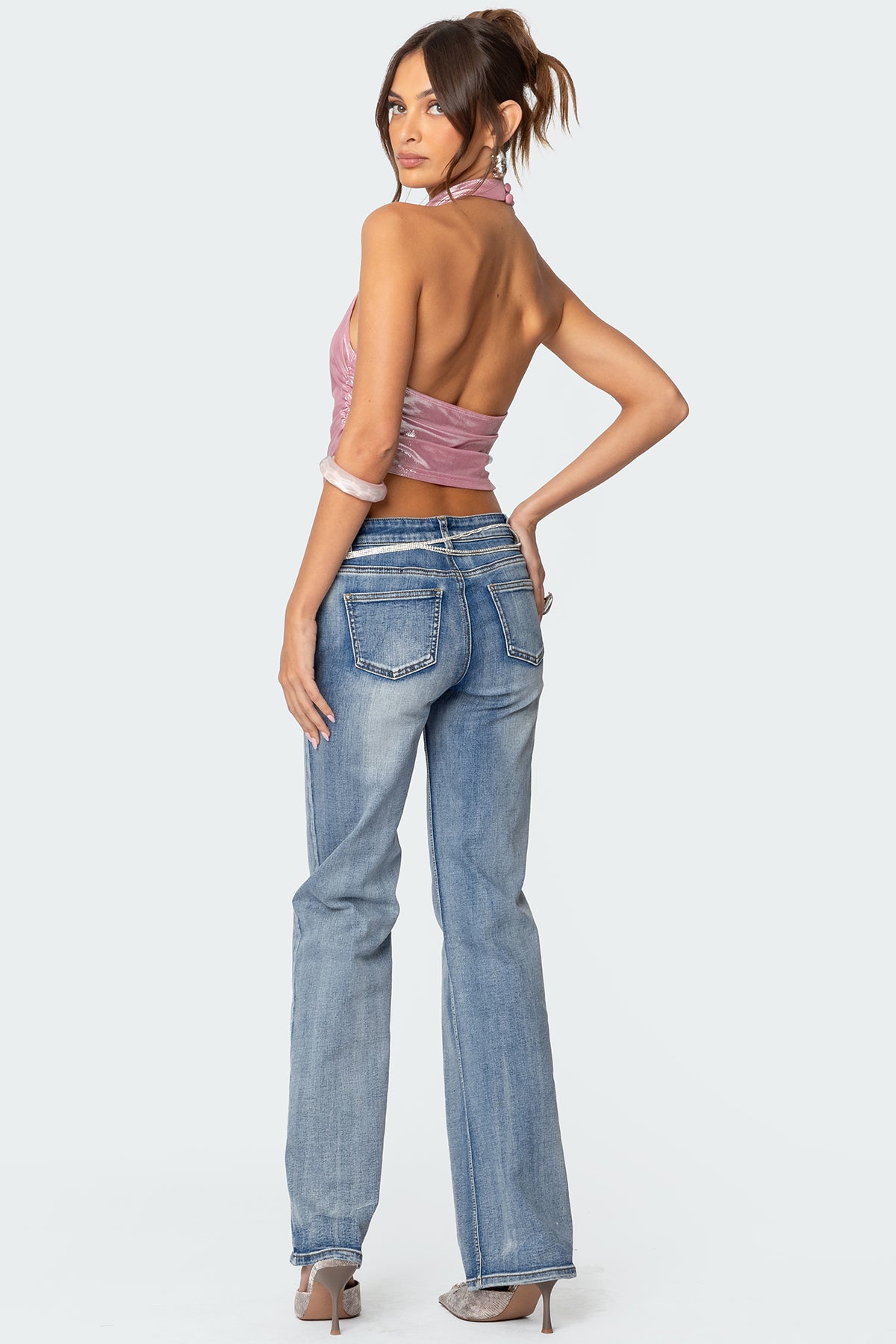 Shiny Backless Cowl Neck Top - Image 2