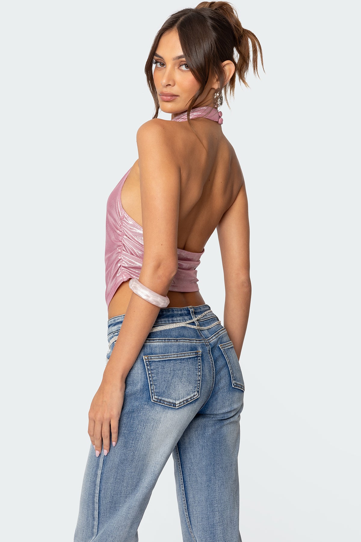 Shiny Backless Cowl Neck Top - Image 4