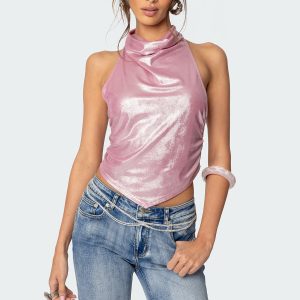 Shiny Backless Cowl Neck Top