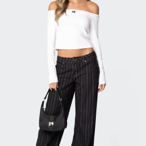 Lace Trim Striped Low Rise Jeans