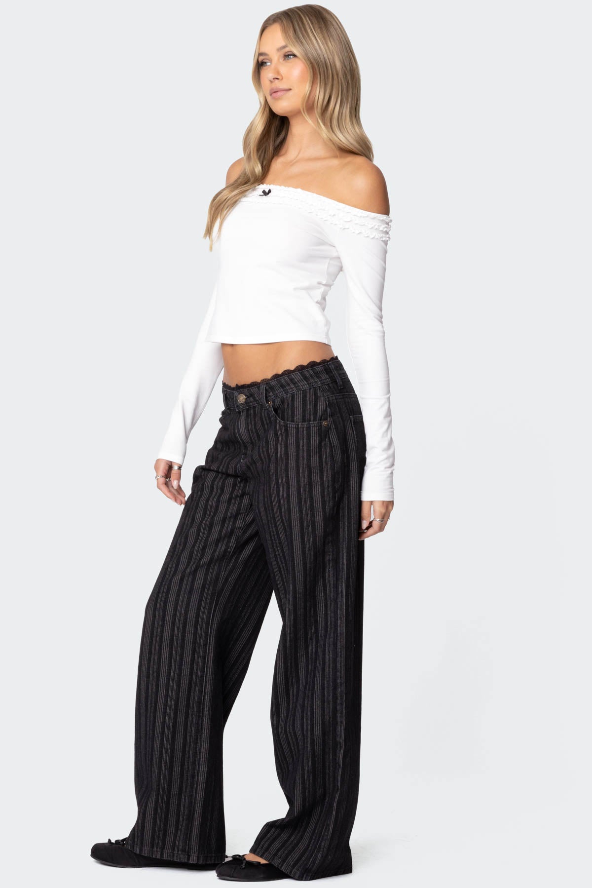 Lace Trim Striped Low Rise Jeans - Image 3