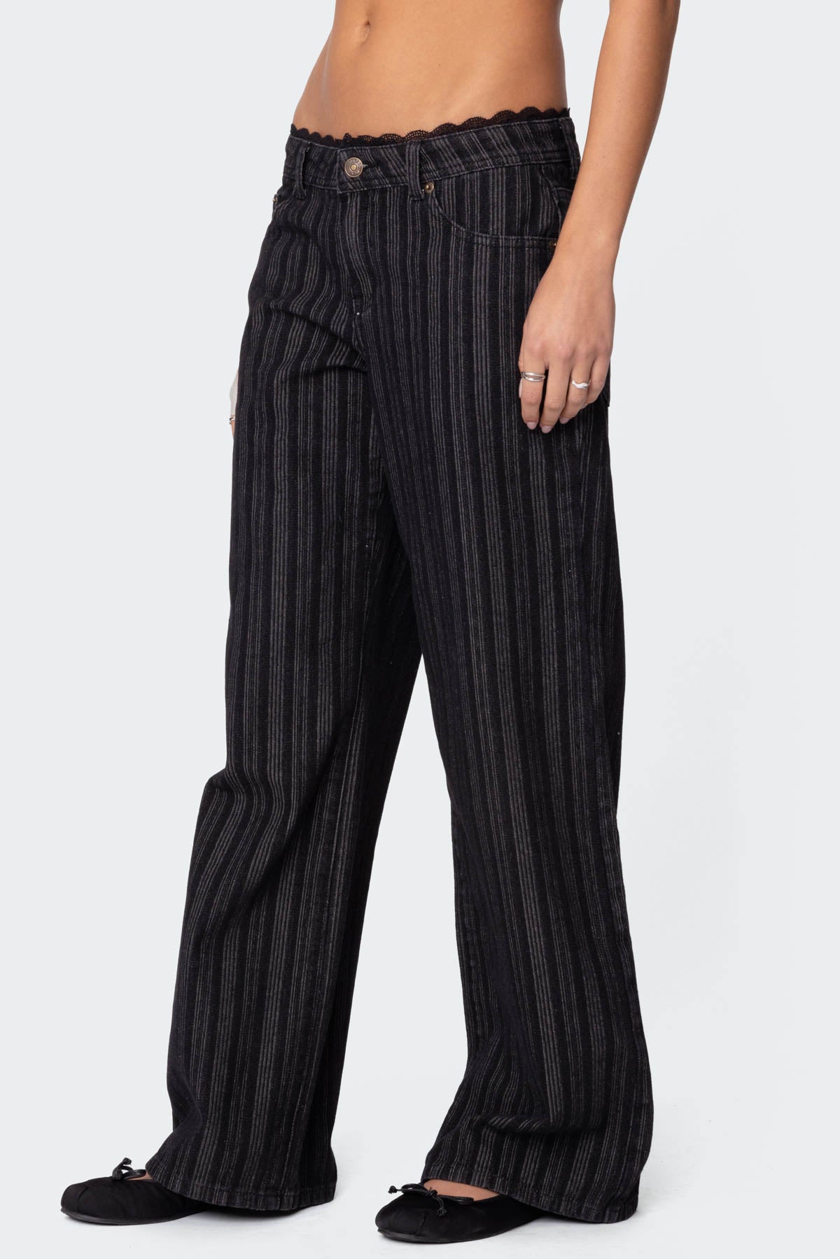 Lace Trim Striped Low Rise Jeans - Image 4