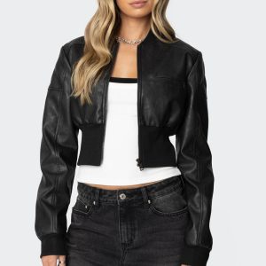 Cropped Faux Leather Bomber Jacket