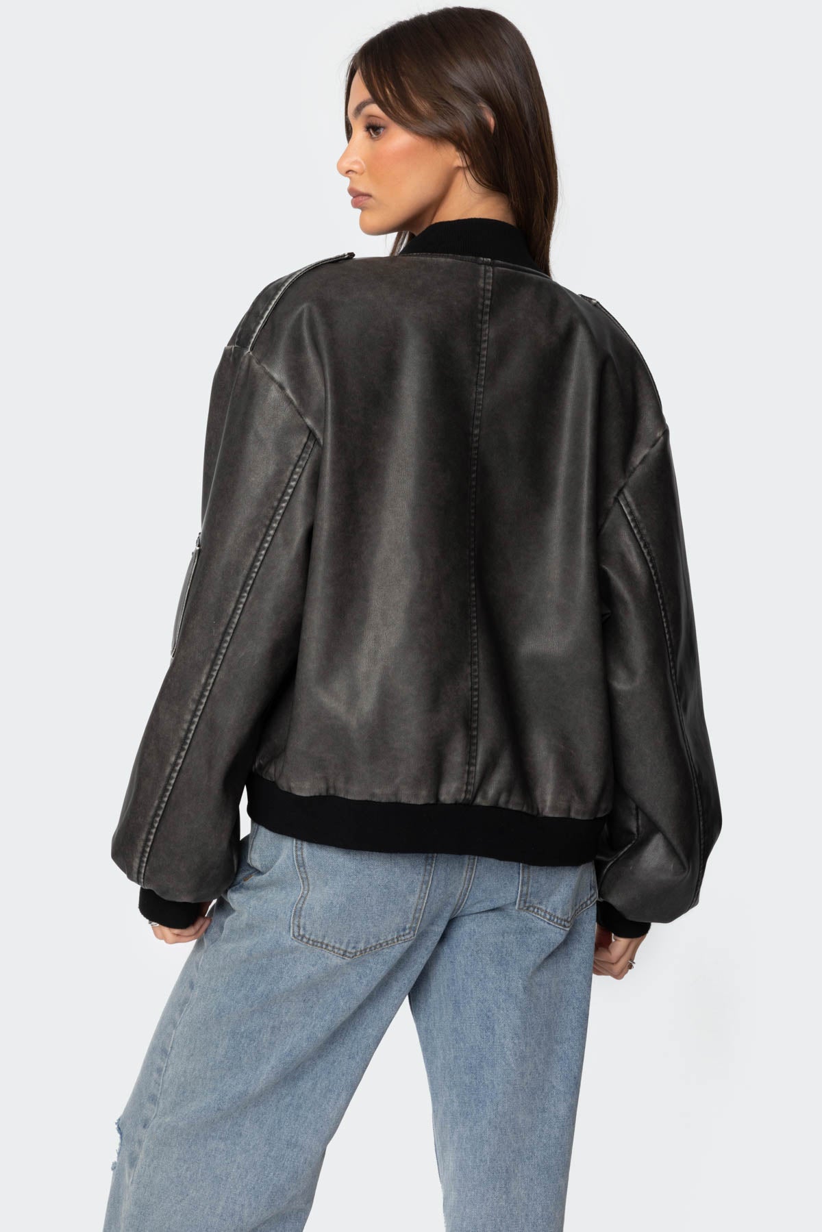 Vava Washed Faux Leather Bomber Jacket - Image 5