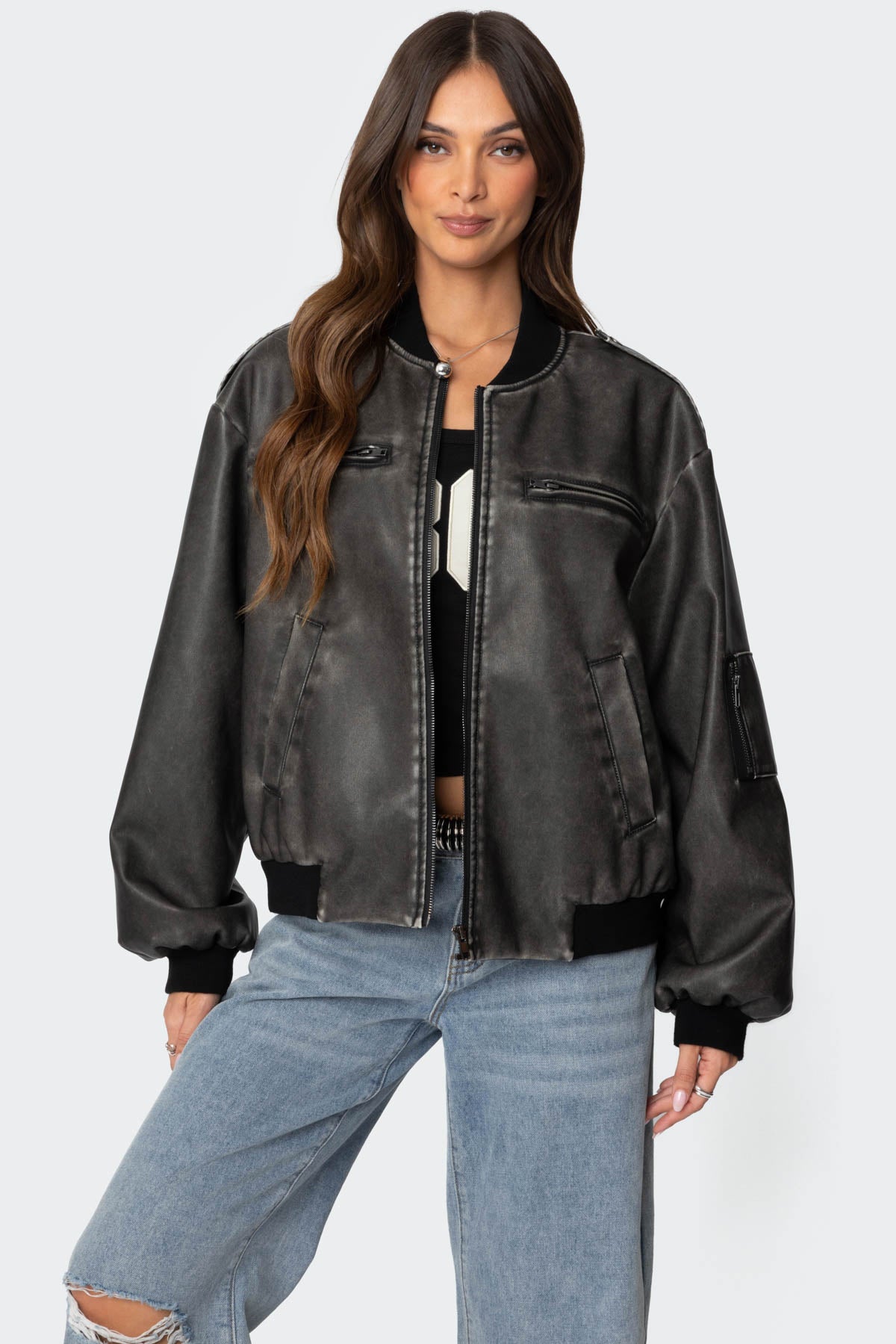 Vava Washed Faux Leather Bomber Jacket - Image 2