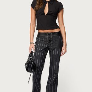 Pinstripe & Faux Leather Low Rise Bootcut Jeans
