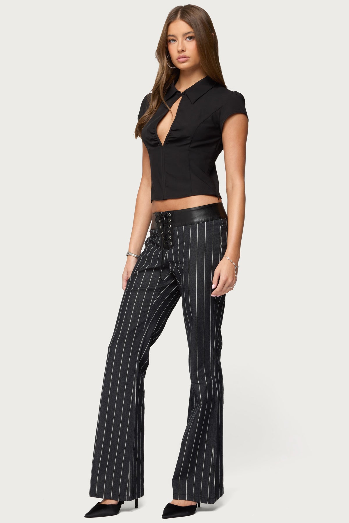 Pinstripe & Faux Leather Low Rise Bootcut Jeans - Image 3