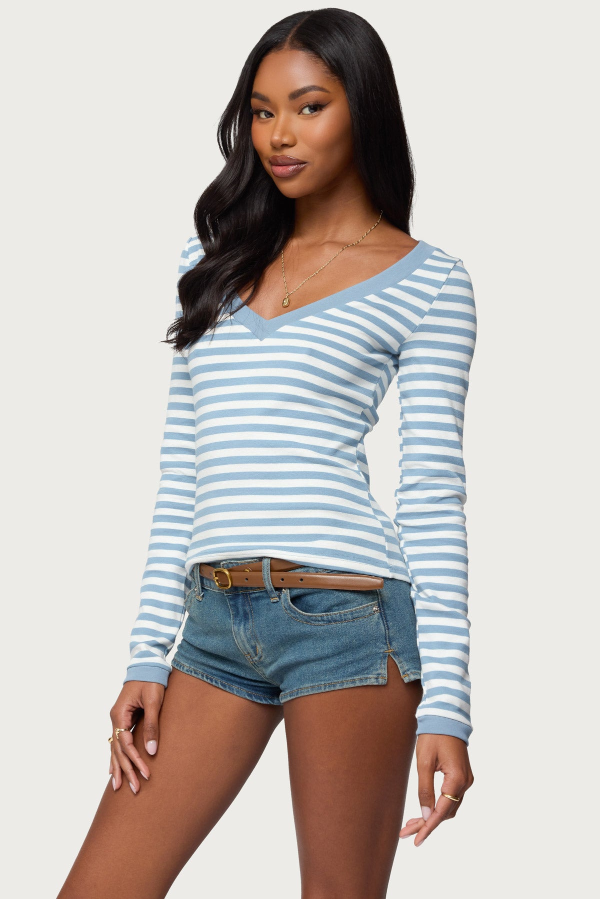 Kimi Striped Long Sleeve V Neck Top - Image 3
